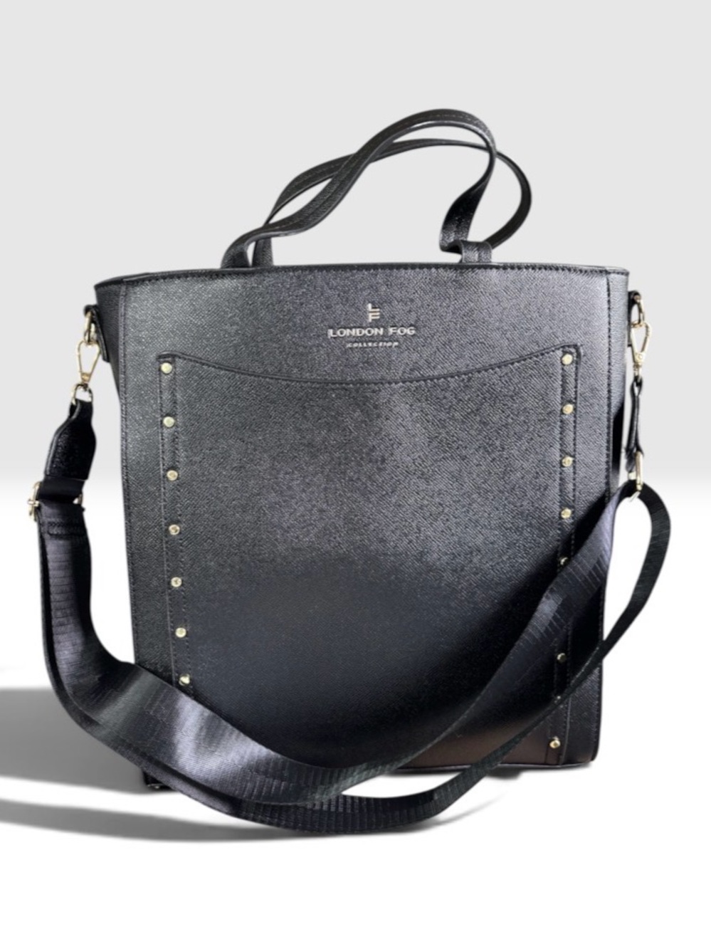 London Fog Black Studded Tote Bag Crossbody Work Laptop Satchel Purse